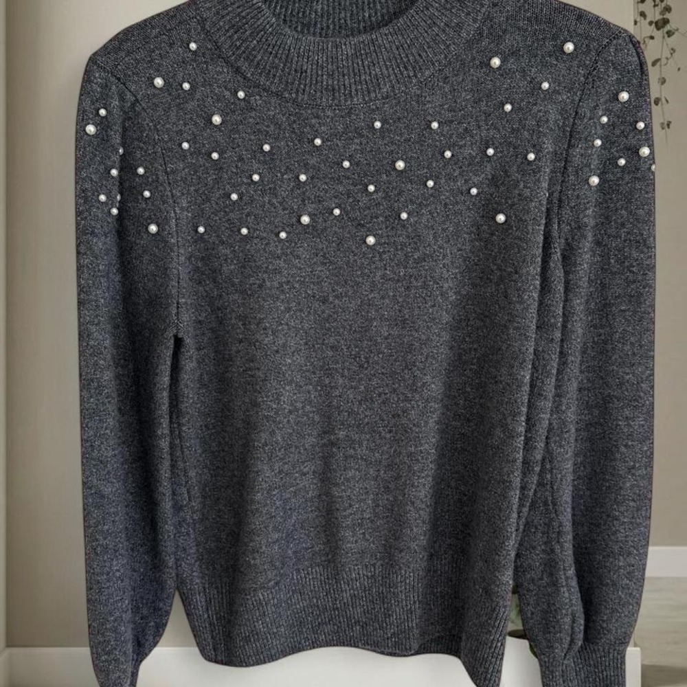 Cece Grey pearl embellished sweater